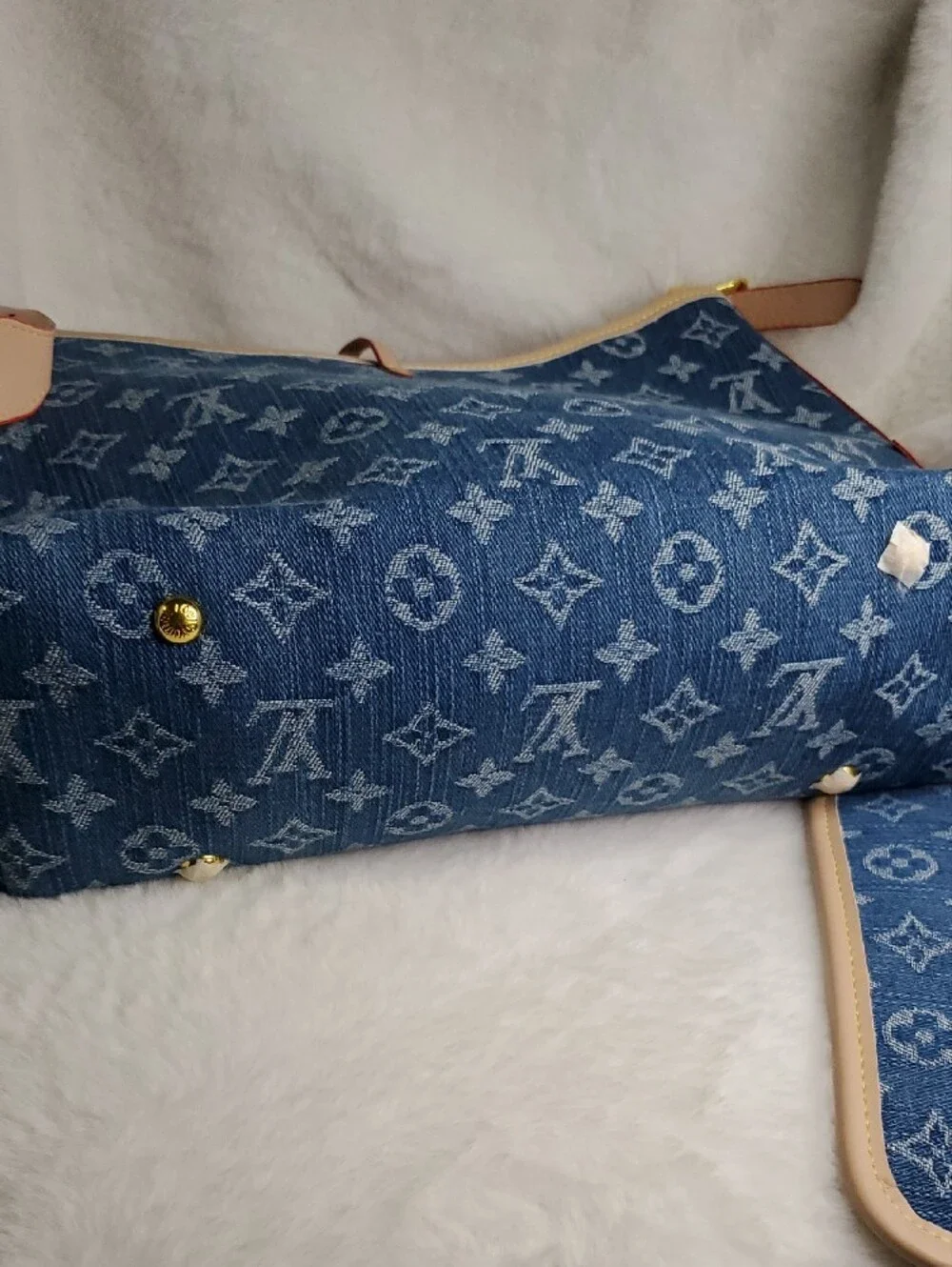 Blue Monogram Denim Shoulder Bag with Beige Trim
